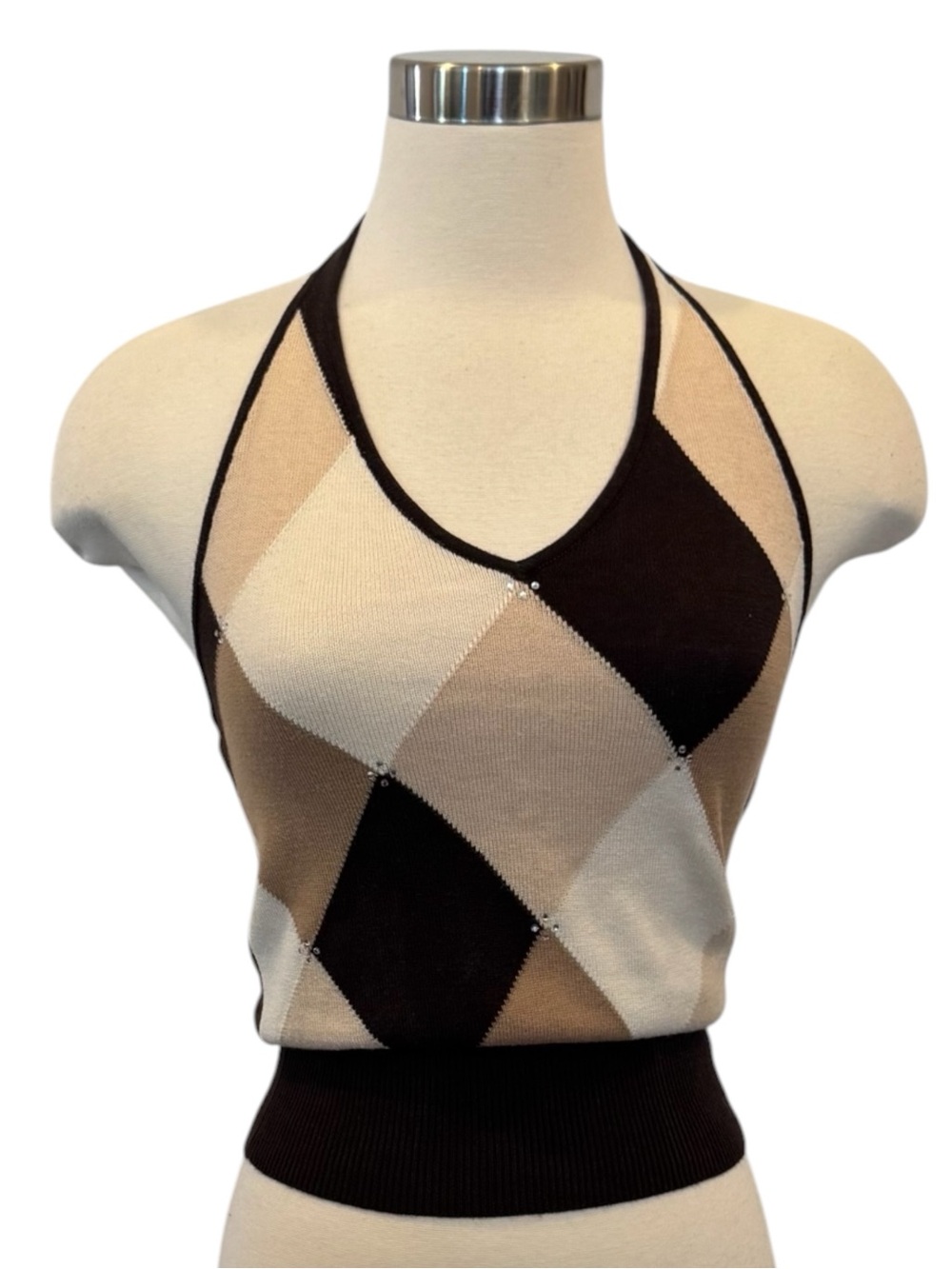Y2K The Limited Cashmere Silk Brown Color Cream Argyle Vintage Knit Halter Top